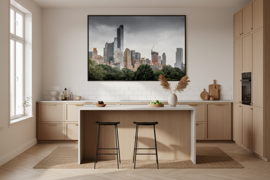 Panoramic view of New York City skyline above Central Park under dramatic storm clouds