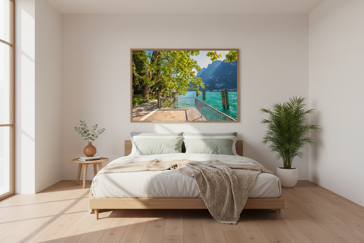 Lake Garda landscape photography showing mountain shore and vivid lake colors, Italy wall art