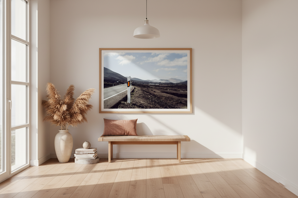 Lanzarote landscape wall art with empty road and volcanic mountains