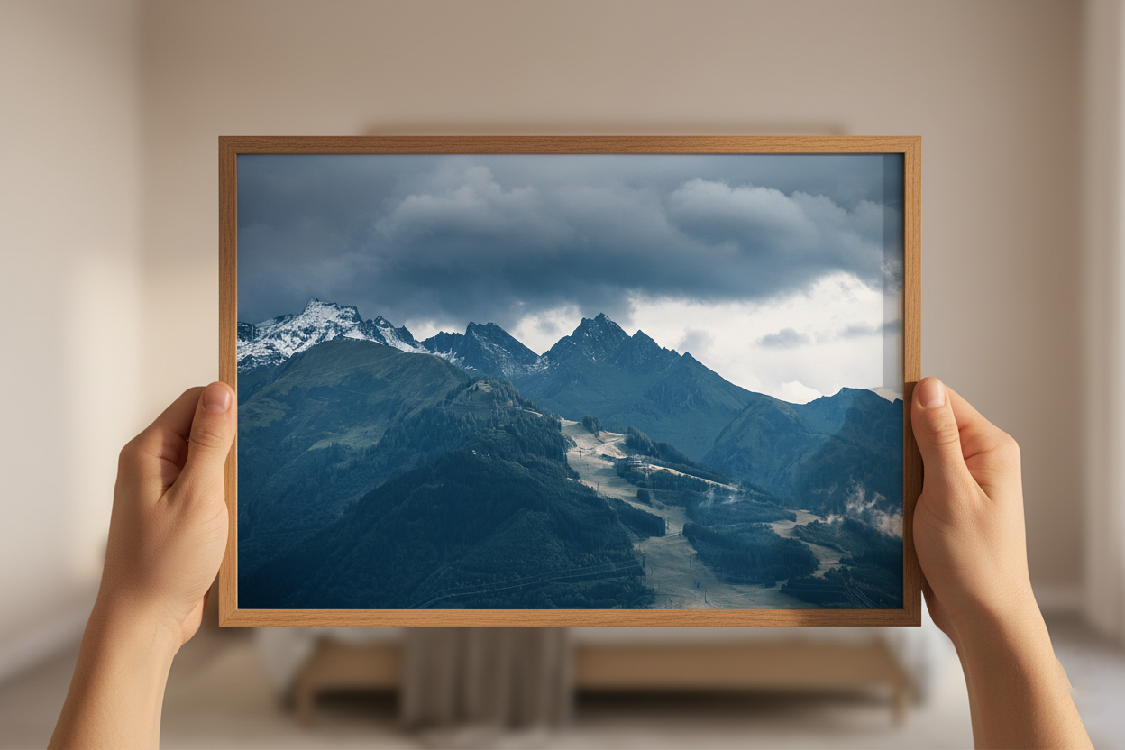 Nature wall art featuring dark clouds over the Austrian mountain range.