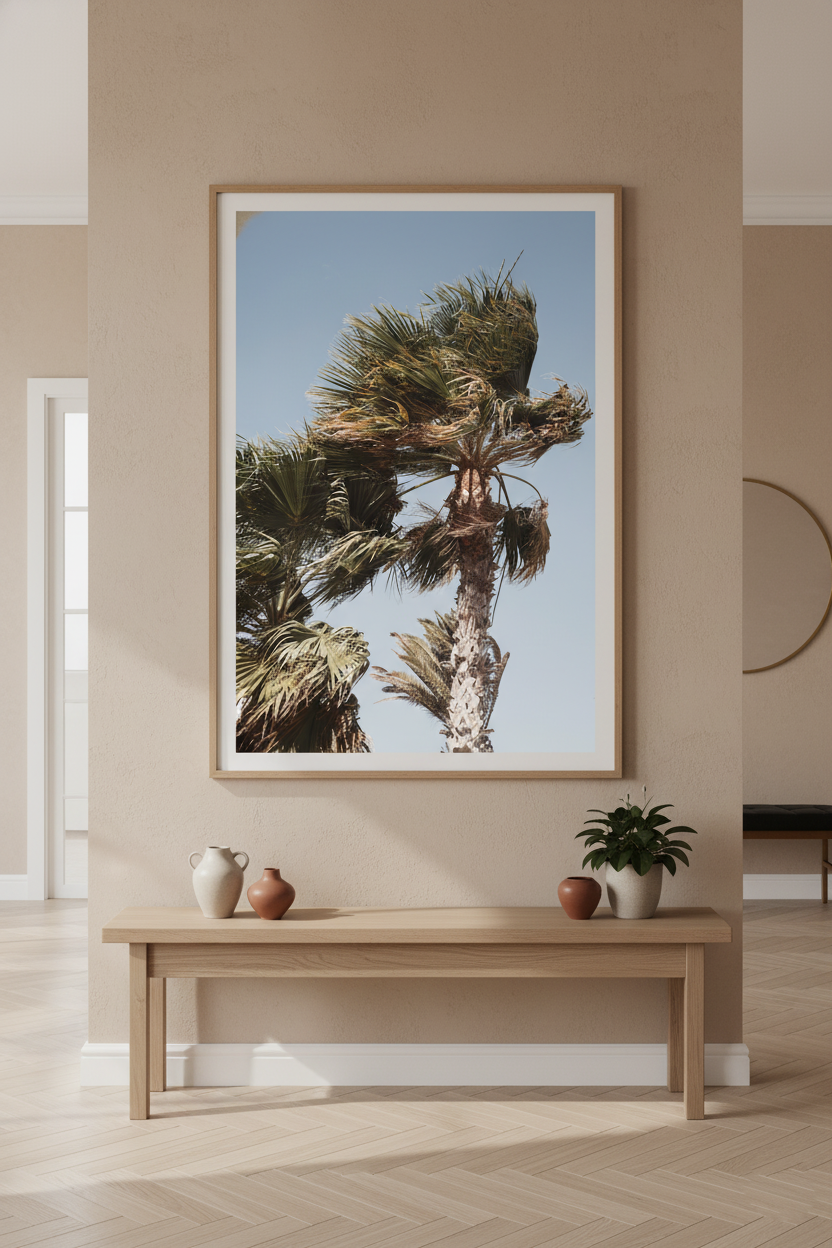 Palm tree bending in the breeze on a sunny day, great for beach-inspired wall posters.