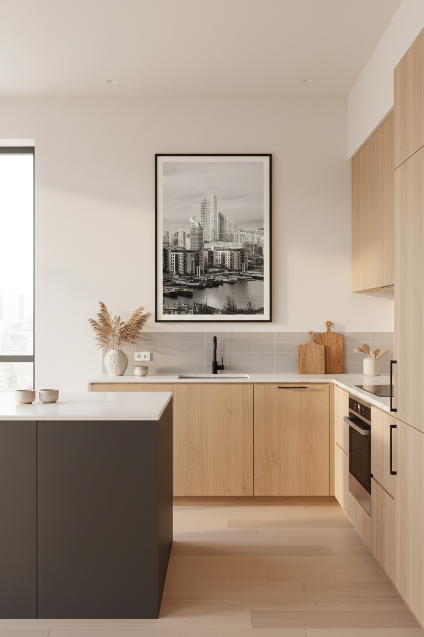 Modern kitchen with wooden cabinets, black island, and framed artwork on the wall.