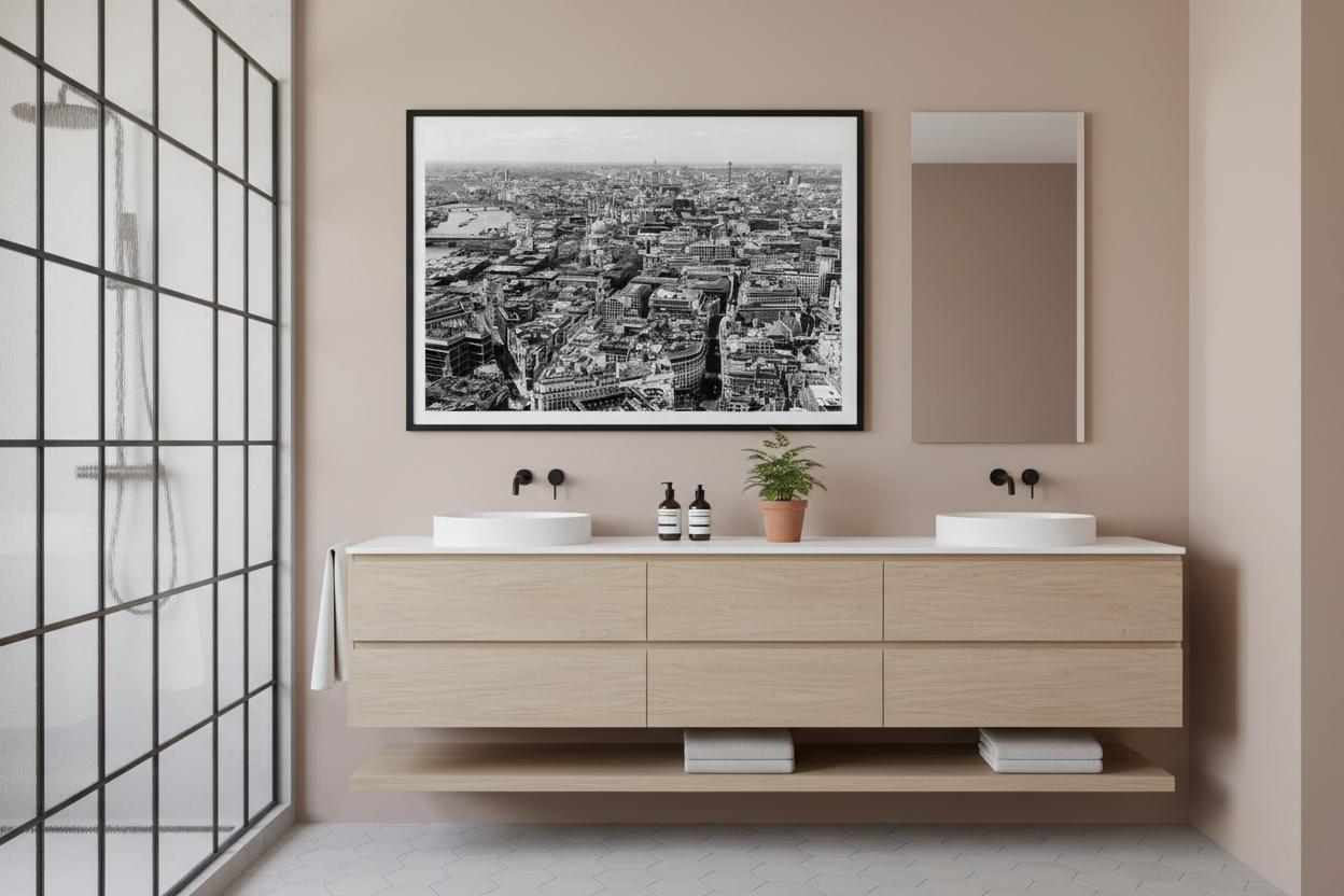 Bathroom with wooden vanity, two sinks, and a cityscape print on the wall.