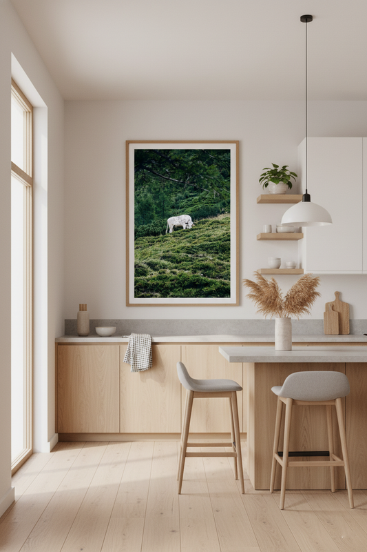 Peaceful nature scene featuring a white cow in the alpine highlands