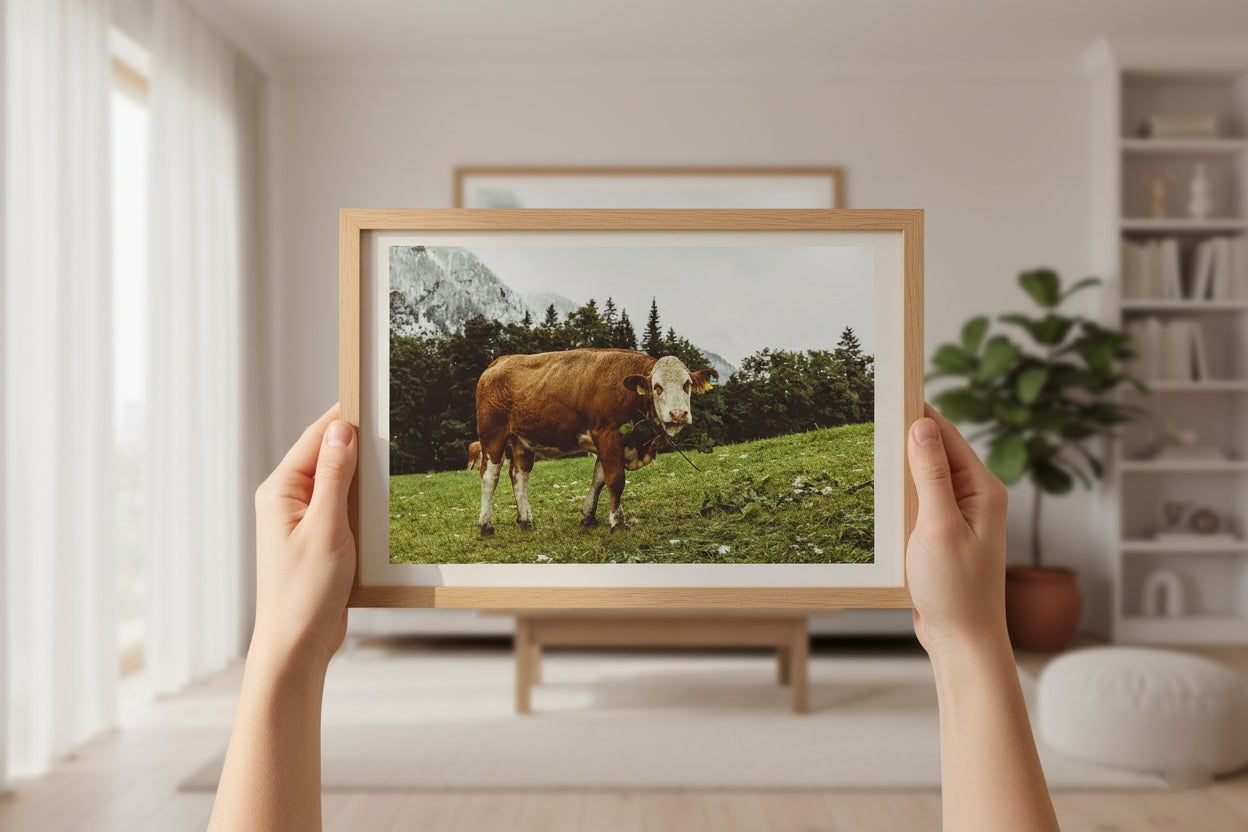Framed picture of a cow in a field held by hands in a room with decor.