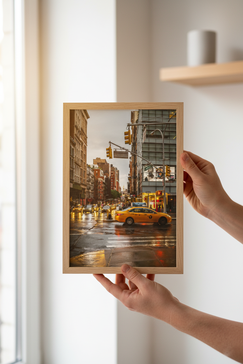Yellow Taxi on Broadway, New York — Fattrol fine art photography print, framed in interior