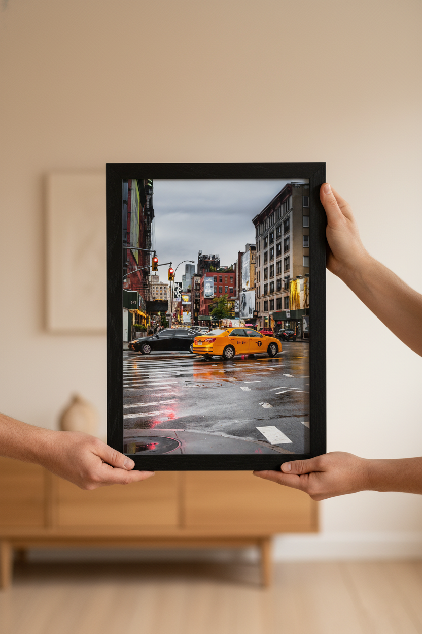 Urban New York wall art print featuring a classic yellow taxi in SoHo