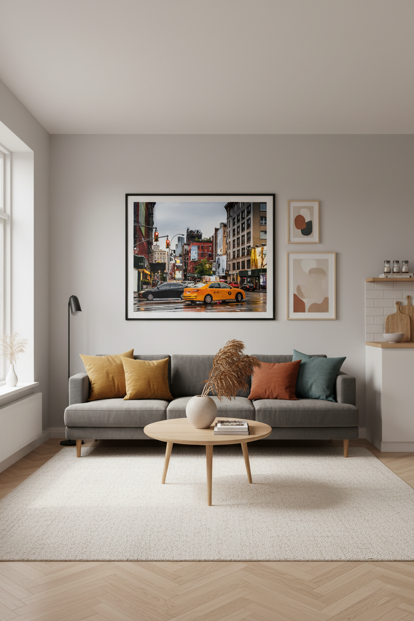 Manhattan cityscape on a rainy evening with taxi and colorful street lights
