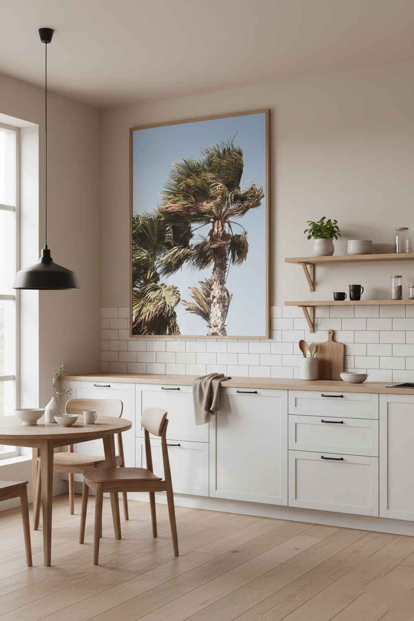 Windy tropical palm tree scene with blue sky background, perfect for modern home decor.