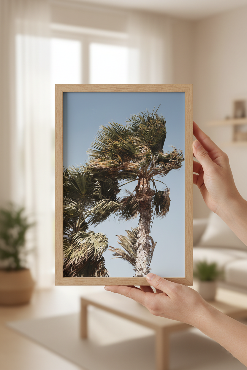 Natural palm tree photograph showing wind movement in leaves, ideal for botanical wall art.