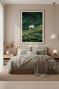 Load image into Gallery viewer, White spotted cow standing on a hillside in the Alps, perfect for wall art
