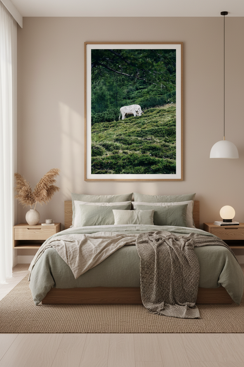 White spotted cow standing on a hillside in the Alps, perfect for wall art