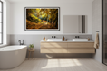 Load image into Gallery viewer, Autumn park path with a wooden bench surrounded by golden leaves and soft morning light
