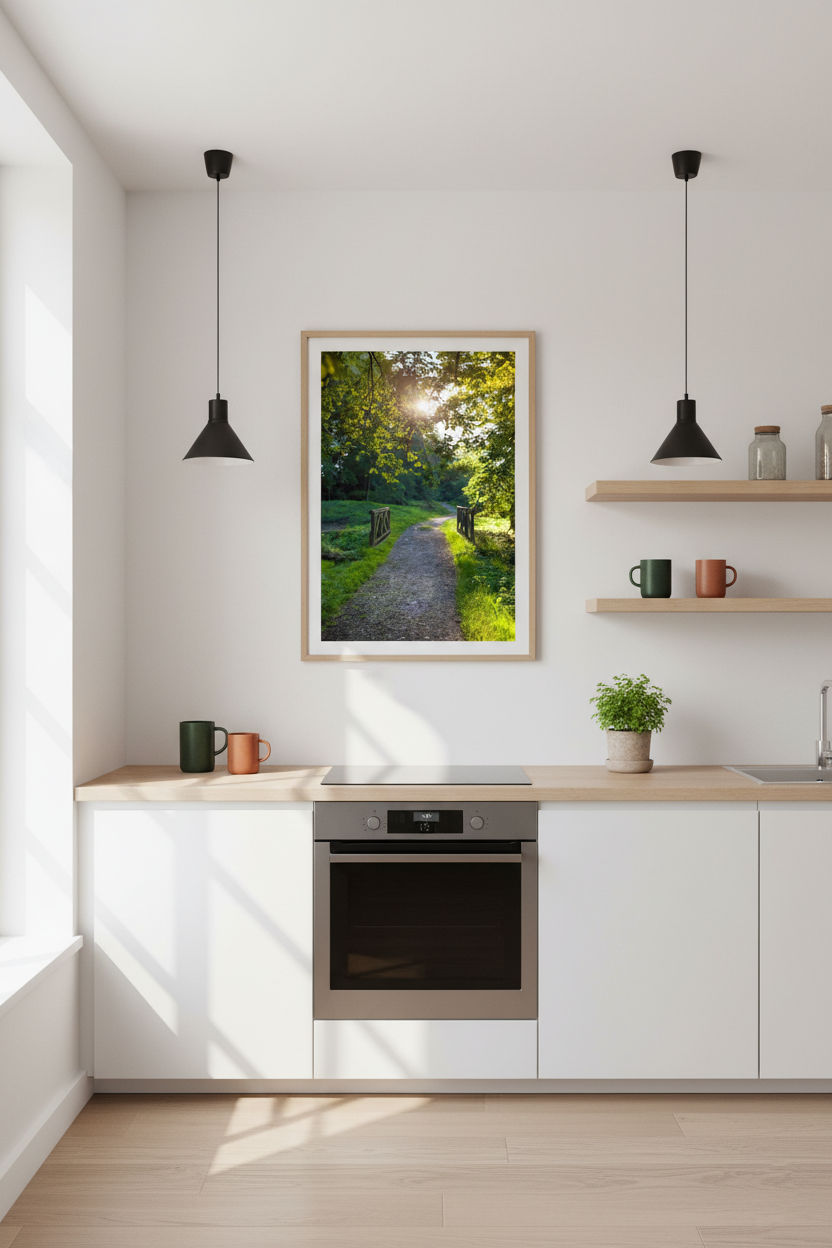 Serene forest scene with a small wooden bridge and sunlight through trees, perfect wall art for relaxation