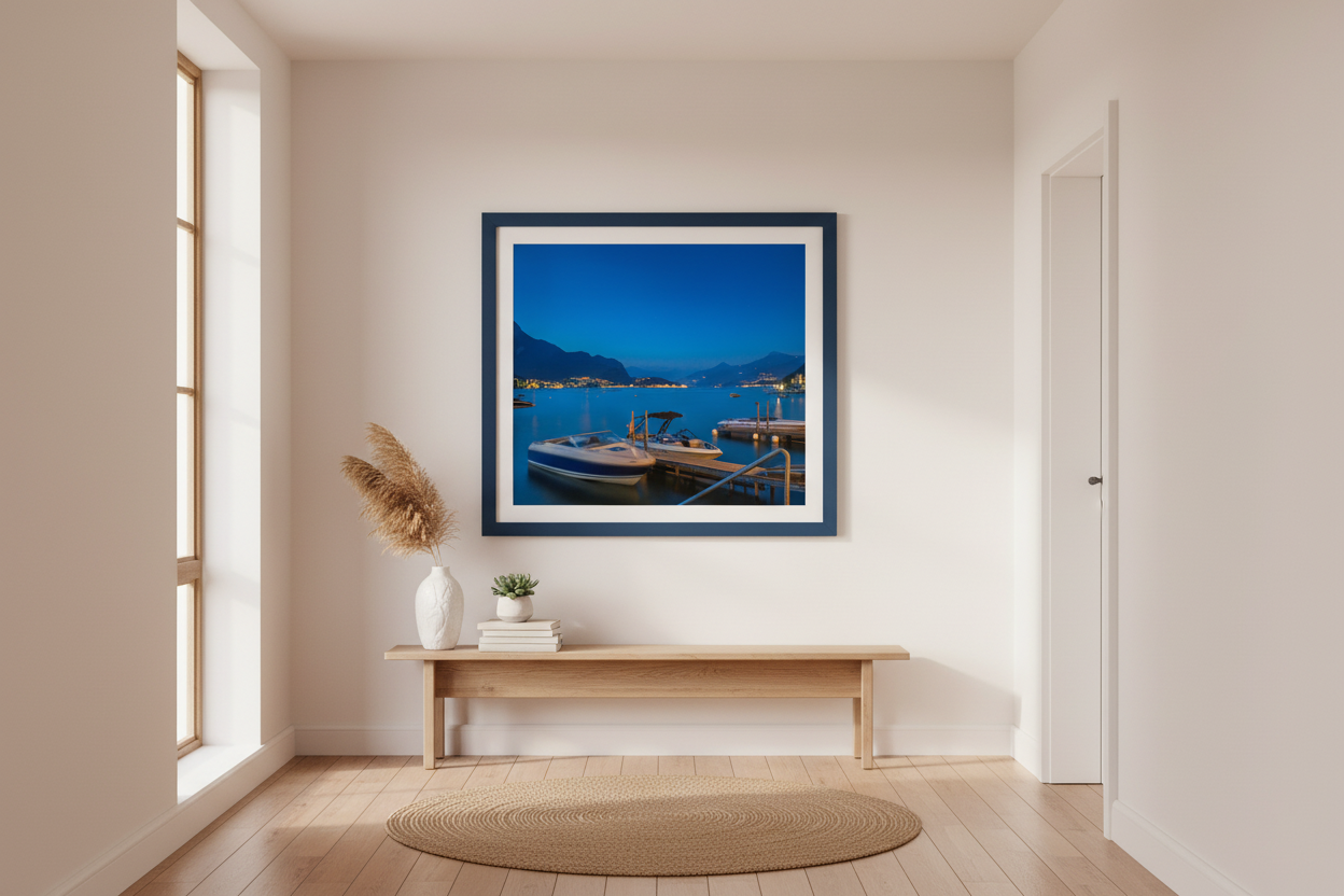 Night Boats & Docks, Lake Como — Fattrol fine art photography print, framed in interior