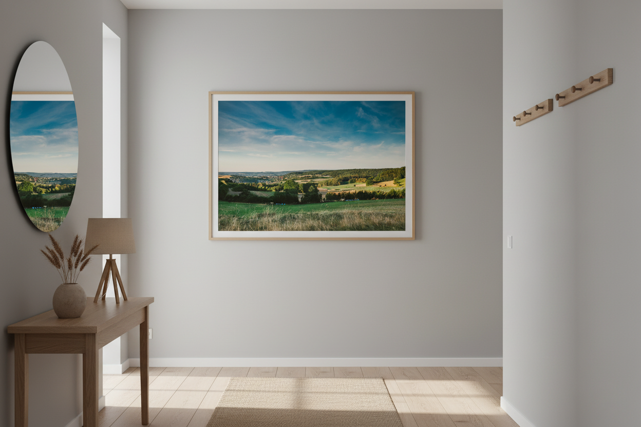 Calm countryside view ideal for wall decor — fields, trees, and open sky in soft evening light