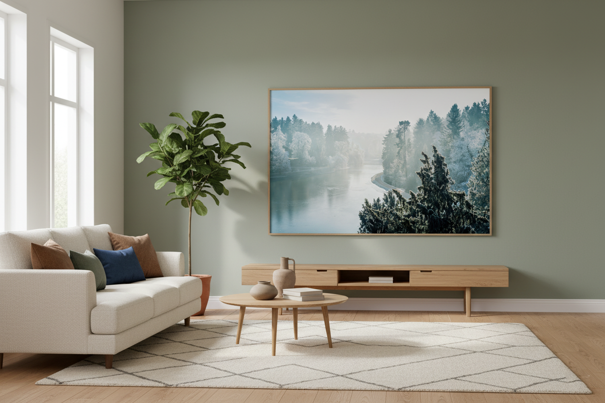 Winter forest photography print showing a serene icy river under a pale blue sky.