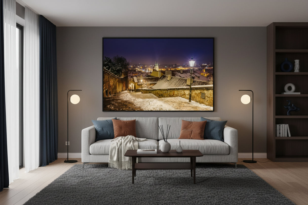 Lesser Town Winter Night, Prague — Fattrol fine art photography print, framed in interior