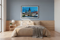 Load image into Gallery viewer, Modern bedroom with a bed, nightstand, and wall art depicting a cityscape.
