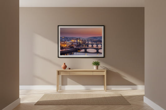 Charles Bridge and Vltava River glowing at dusk — Prague wall art.