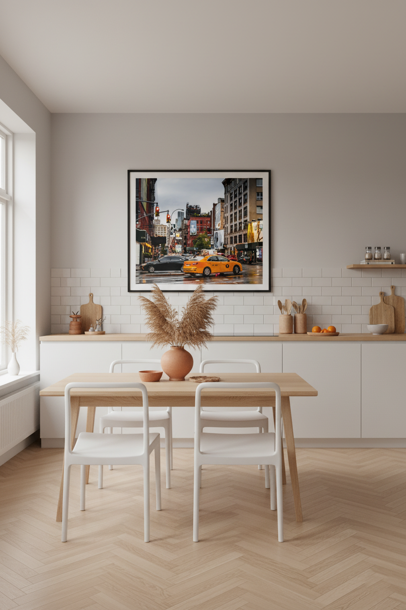 Urban New York wall decor showcasing a taxi crossing a wet city intersection