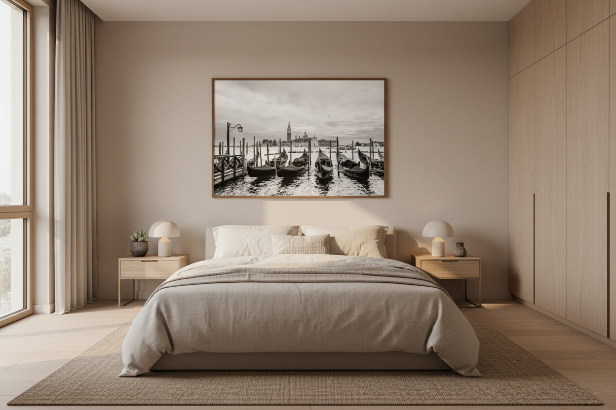Modern bedroom with a bed, nightstands, and a large wall art piece.