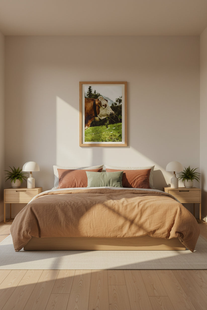 Bedroom with a bed, nightstands, and a wall art of a cow and horse.