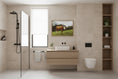 Load image into Gallery viewer, Modern bathroom with wooden vanity, toilet, and wall art of a cow.
