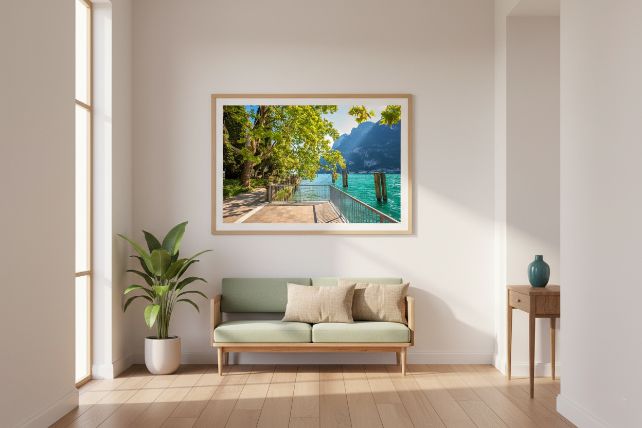 Bright summer scene of Lake Garda promenade with green foliage and blue lake, travel wall poster