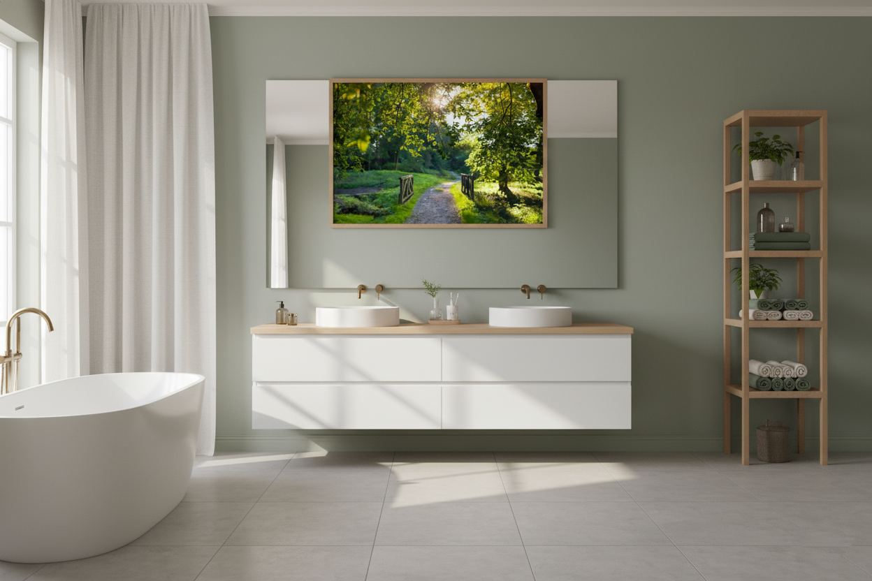 Lush green forest with rustic wooden bridge, nature-inspired wall art