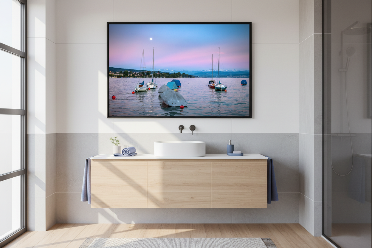 Scenic panoramic view of Lake Zürich with pastel evening sky and calm water