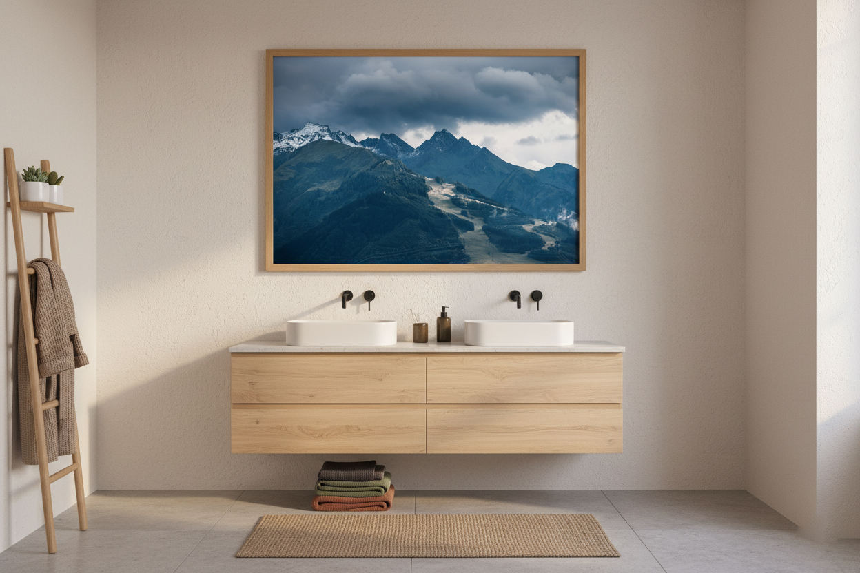 Panoramic mountain photo print with snow-dusted peaks and dark ridges