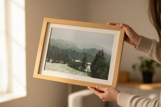 Person holding a framed picture of a forest landscape indoors.