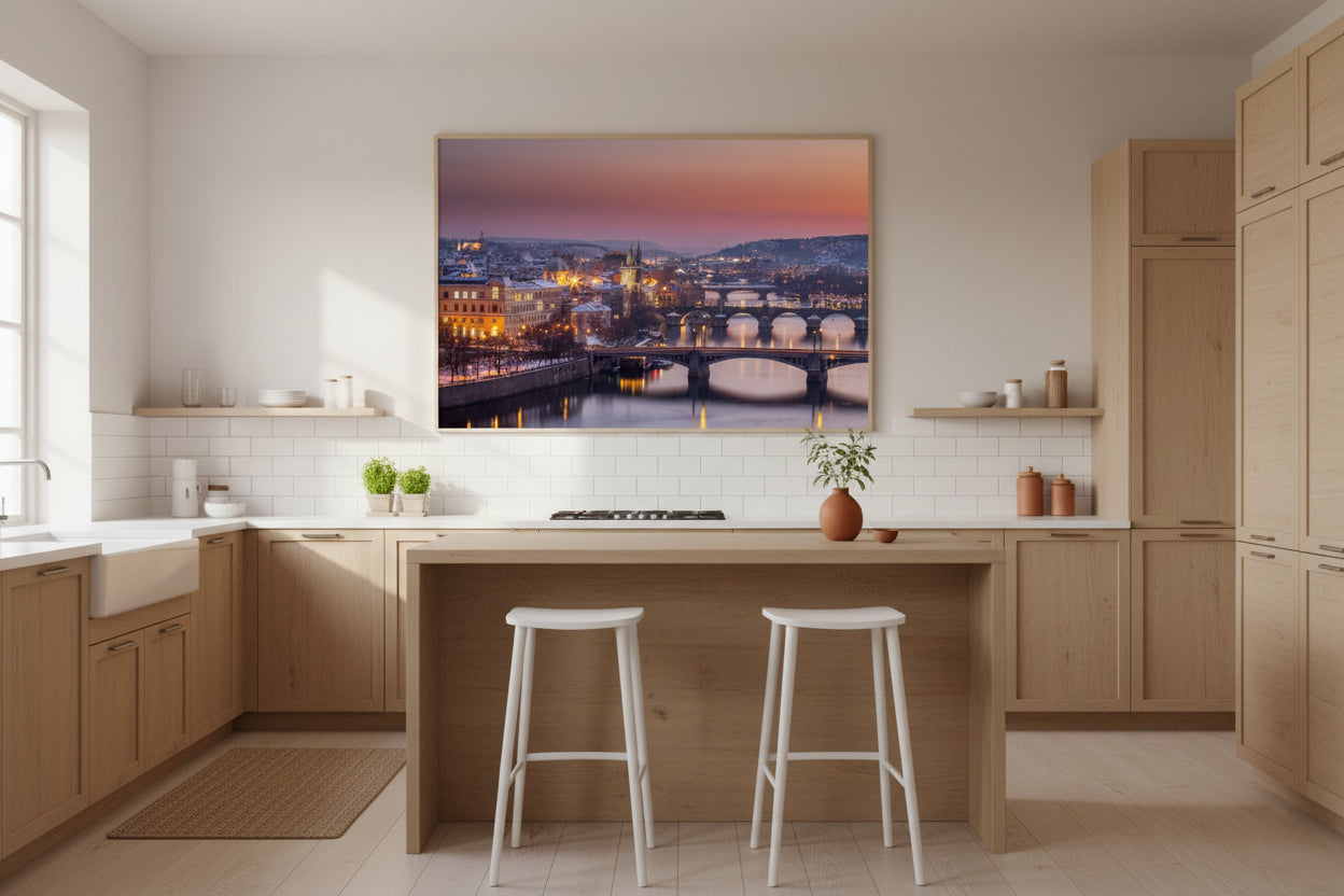 Prague skyline at blue hour with reflections in the Vltava River.