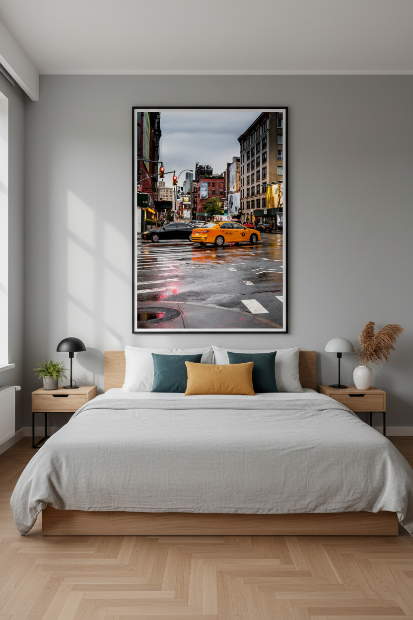 Stylish New York photography print featuring downtown architecture and taxi