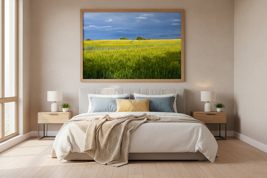 Modern bedroom with a large framed picture of a field on the wall.