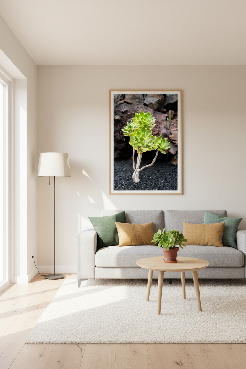 High-quality succulent photo print with lava rock background for natural wall art