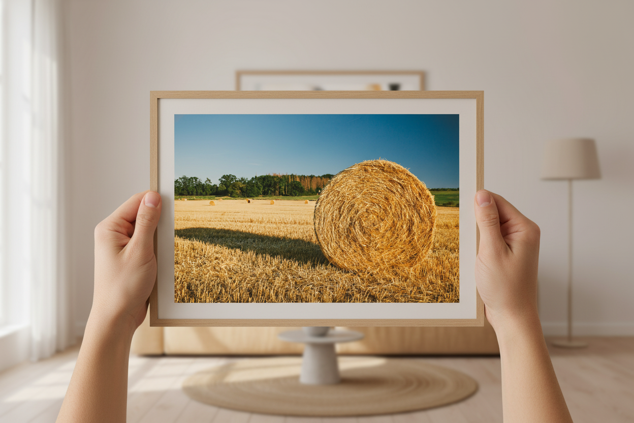 Golden straw bale in open field on clear day, nature landscape poster for home or office