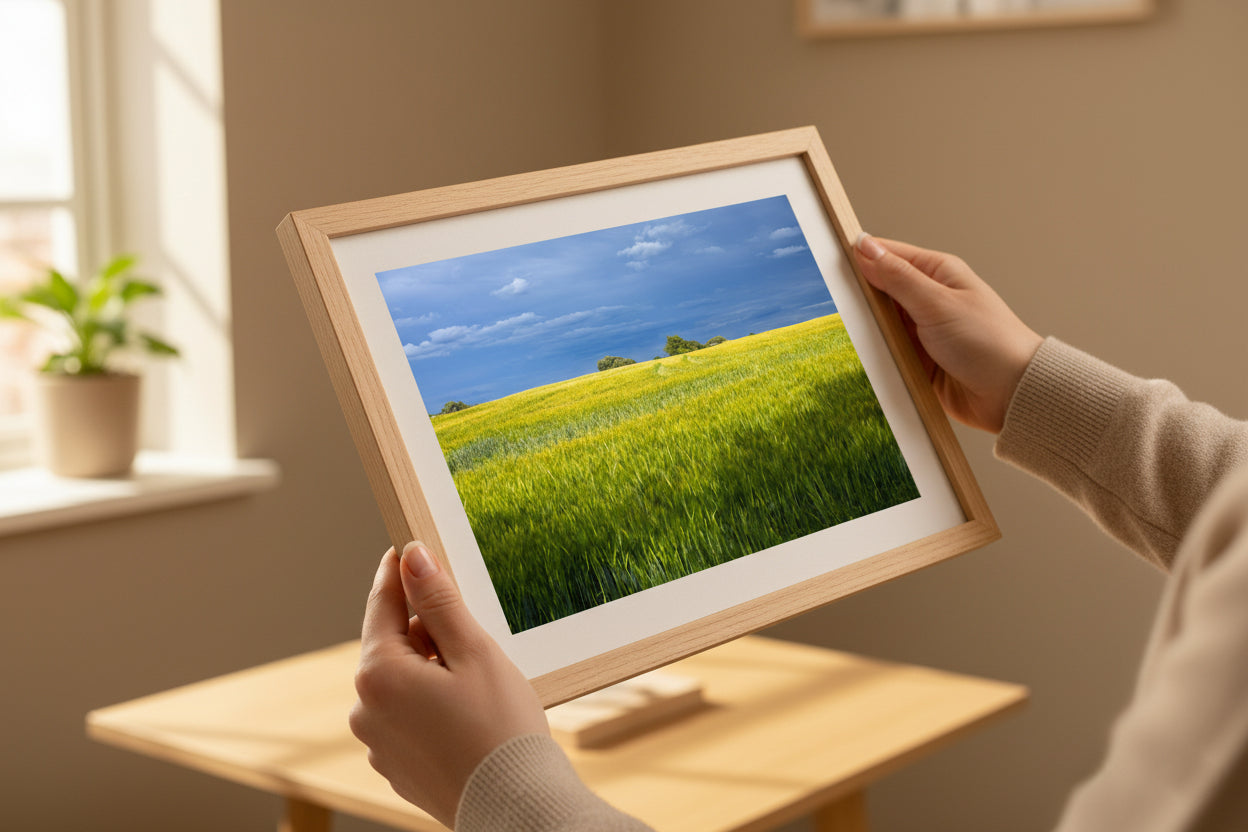 Person holding a framed picture of a green field with blue sky.