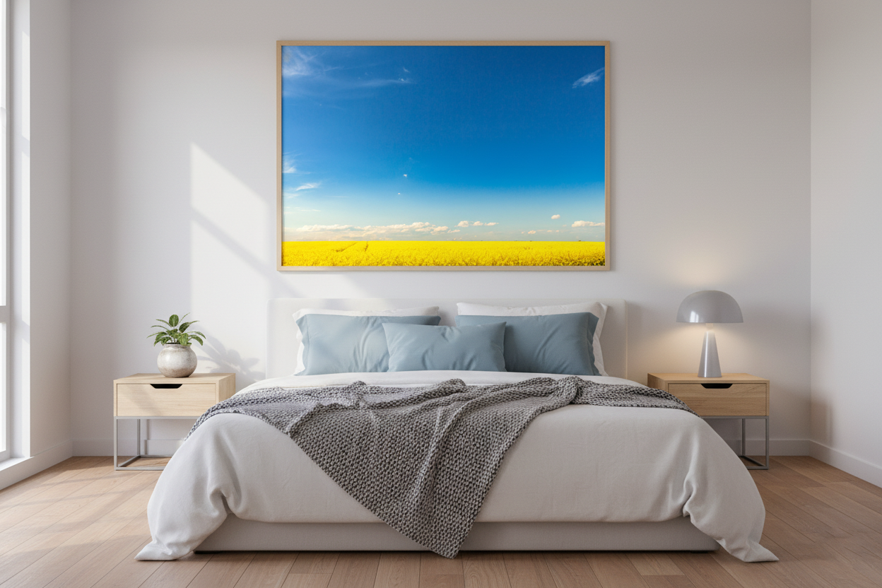 Sunny countryside view of canola field and horizon, nature-inspired wall art print