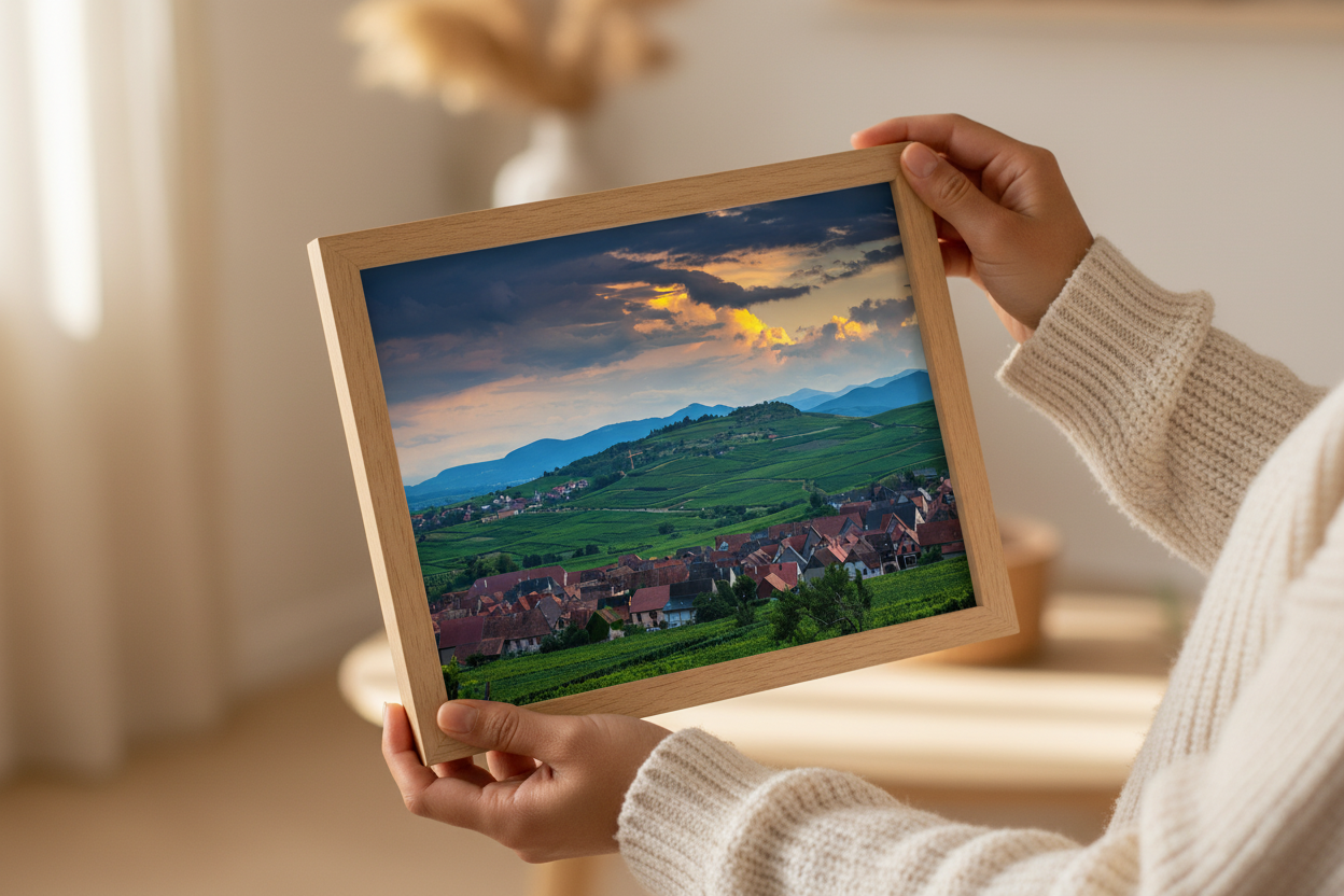 Panoramic photo of Alsace wine region at sunset with colorful sky and scenic hills