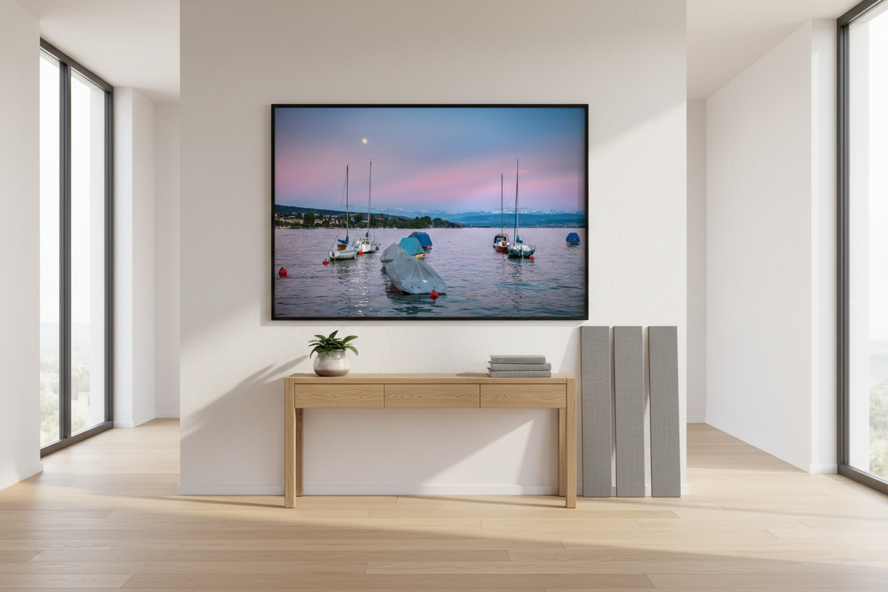 Minimalist lake photo print featuring boats, mountains, and twilight colors