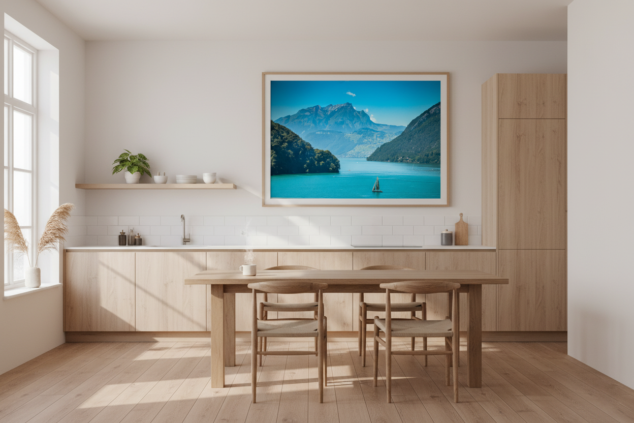 Serene view over Lake Lucerne and the Alps, perfect for living room or office wall decor