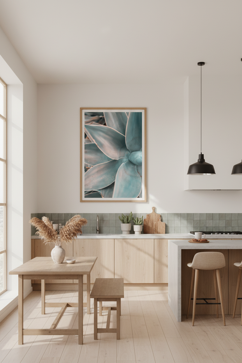 Modern succulent wall art photograph emphasizing leaf patterns and tranquil tones