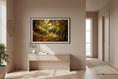 Load image into Gallery viewer, Forest trail covered in fall foliage under glowing sunbeams, perfect for nature wall decor
