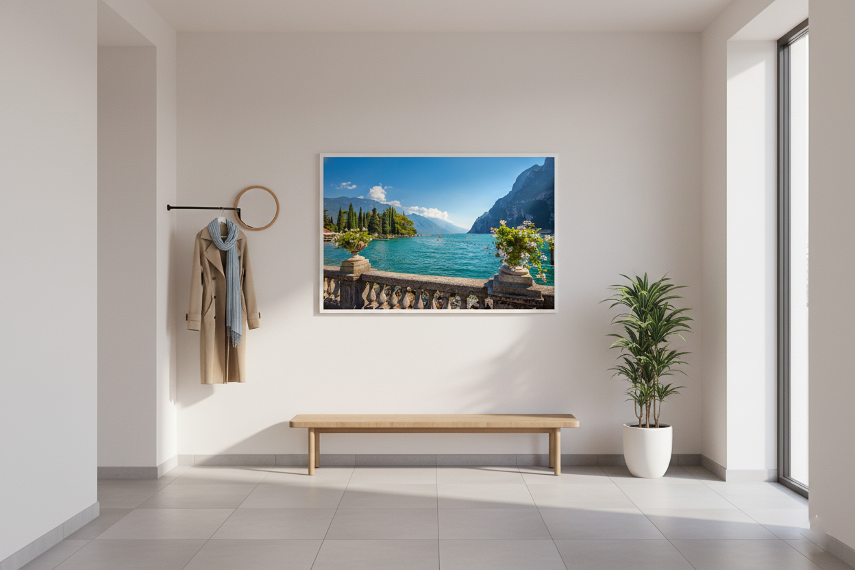 Italian Lake Garda view from lakeside promenade, nature landscape photo print for home decor