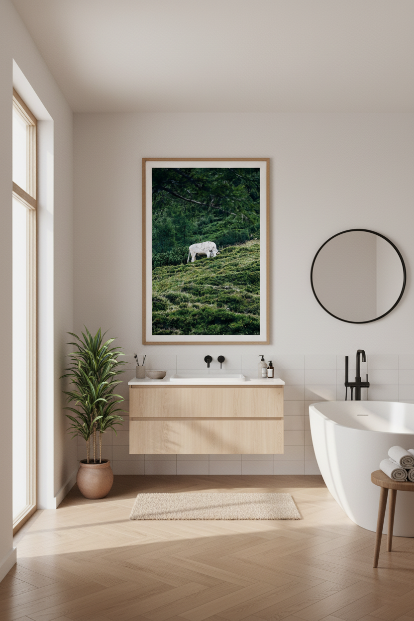 Alpine pasture with grazing cow, showcasing natural beauty and mountain tranquility.