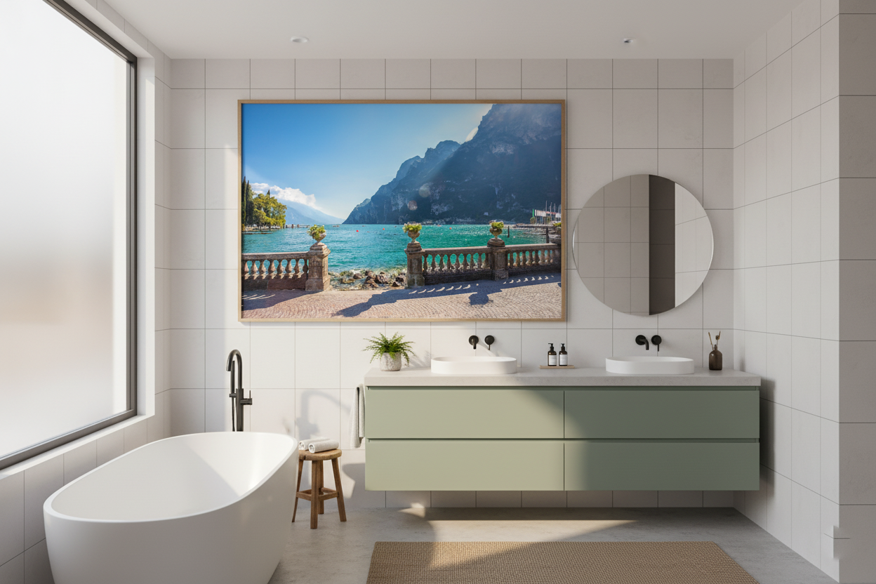 Lake Garda Italy landscape with calm water and distant mountains, Mediterranean wall decor print