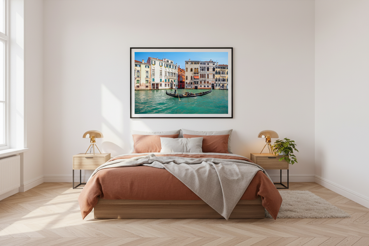 Romantic Venice gondola photo print capturing Italy’s charm and timeless canal life