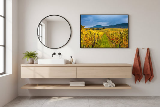 Rows of yellow grapevines in Alsace during fall — landscape wall art.